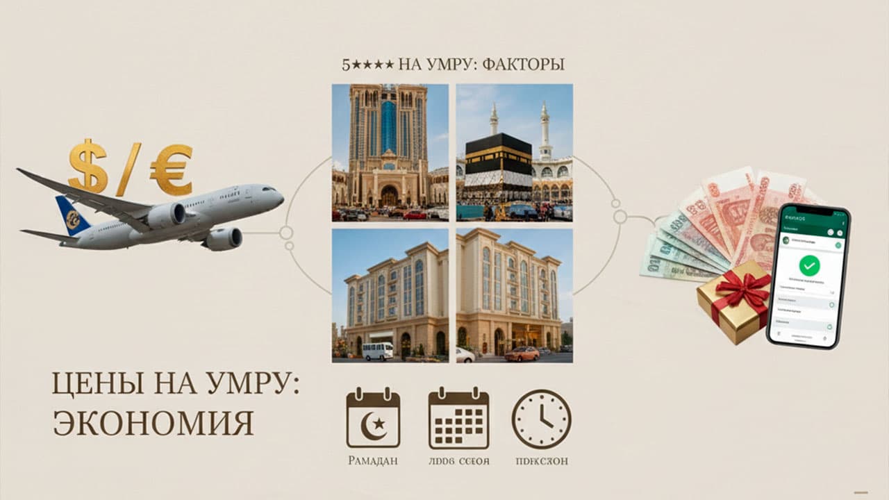 Коллаж или композиция, изображающая различные аспекты, влияющие на стоимость: самолет, отель (возможно, рядом с мечетью и подальше), иконки валют или ценников